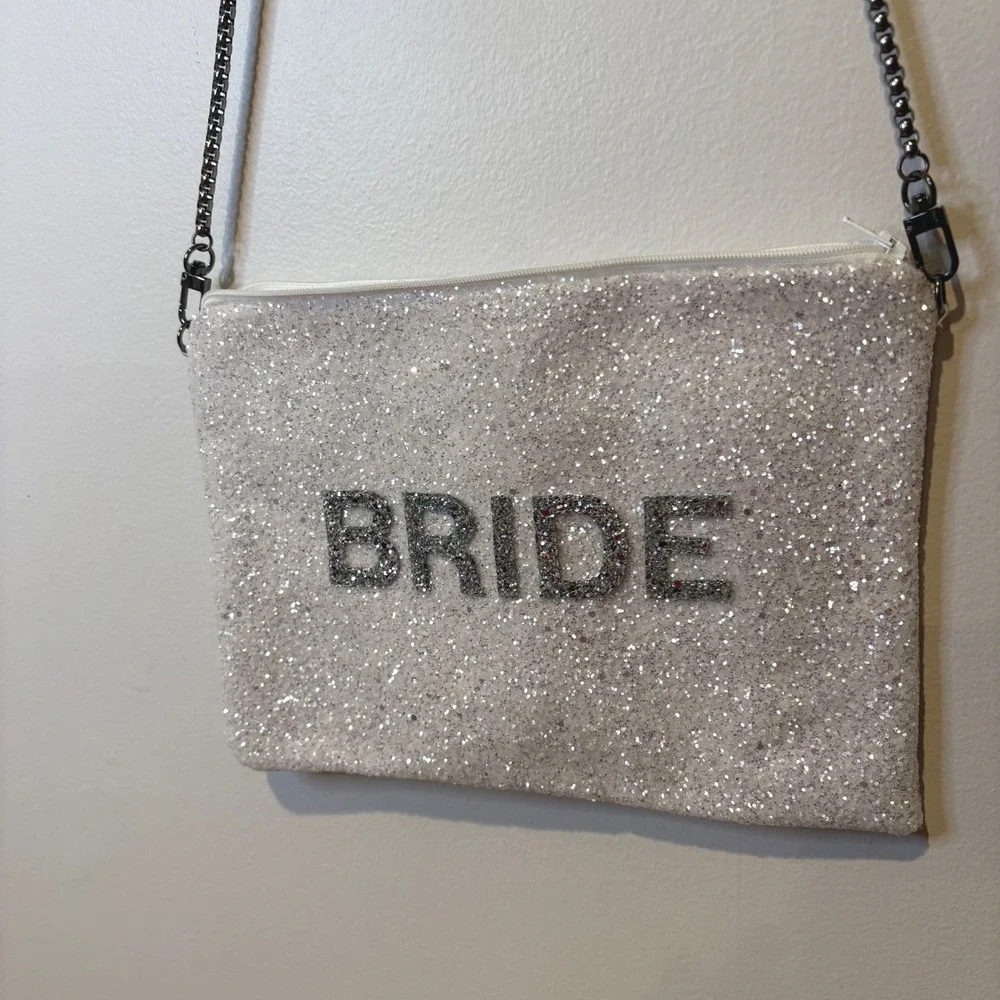 Bride White Glitter Clutch Bag‎ with Detachable Chain Crossbody Strap